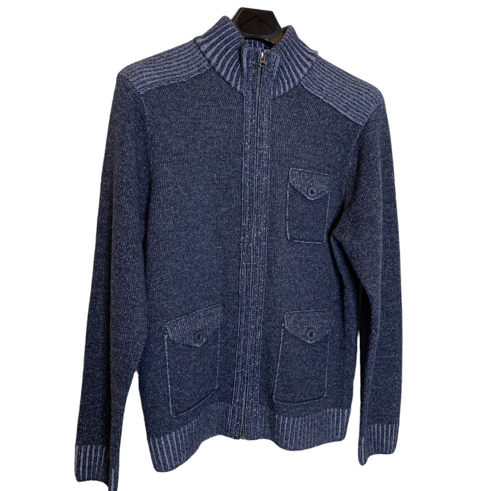 Blue Pronto Uomo Sweater Mens Xl Wool Full Zip 3 Pockets Ribbed Waist Sleeves